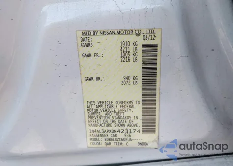 2013 Nissan Altima 2.5 Sv from USA, damaged, VIN 1N4AL3APXDN423174